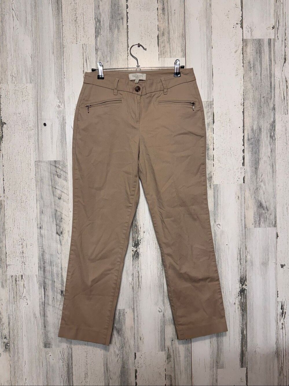 Talbots Petite Khaki Chino Pants Zip Pocket Straight Leg Tan Womens 4P BD1024
